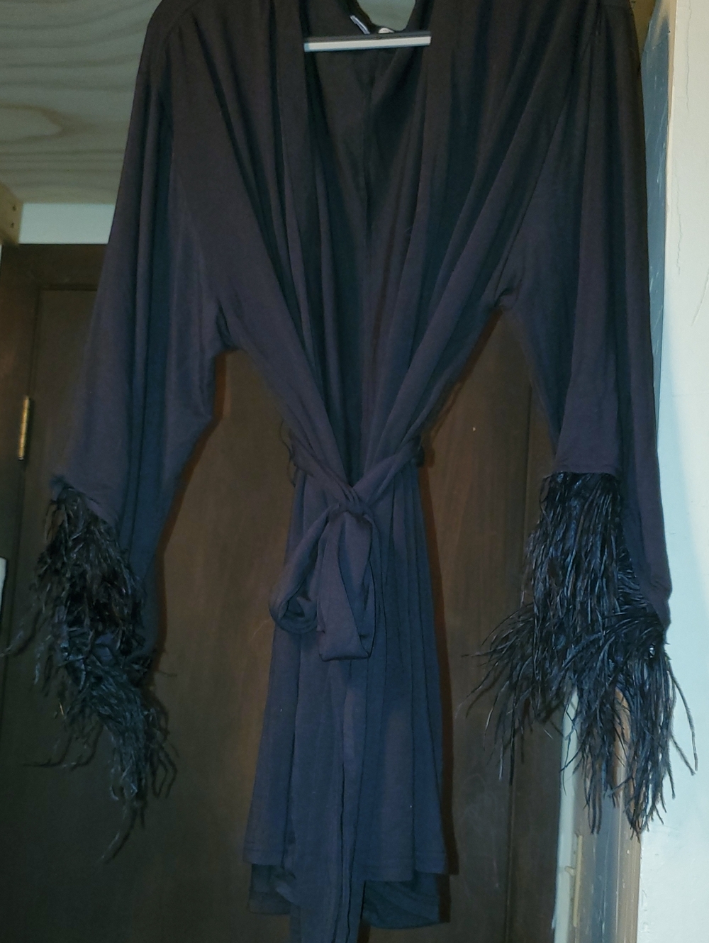 EUC WeWoreWhat Black Feathered Sleeve Modal Jersey Robe Modal Sz SMALL